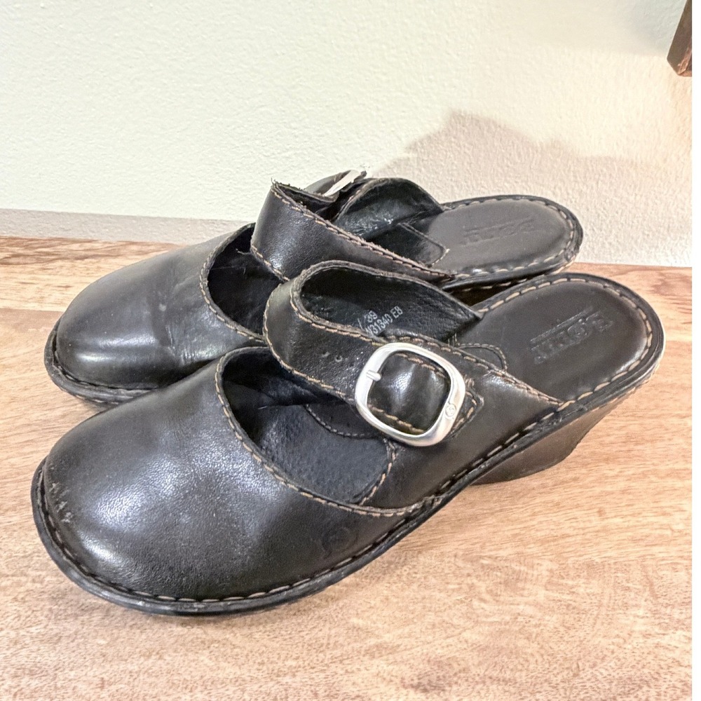 Born Black Leather Mary Jane Clogs Wedge Mules Buckle Strap W31340 Womens 8/39